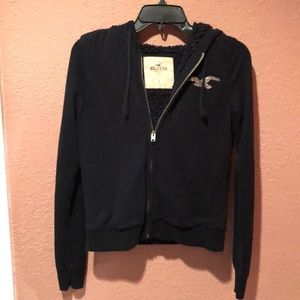 Black zip up furry Hollister jacket